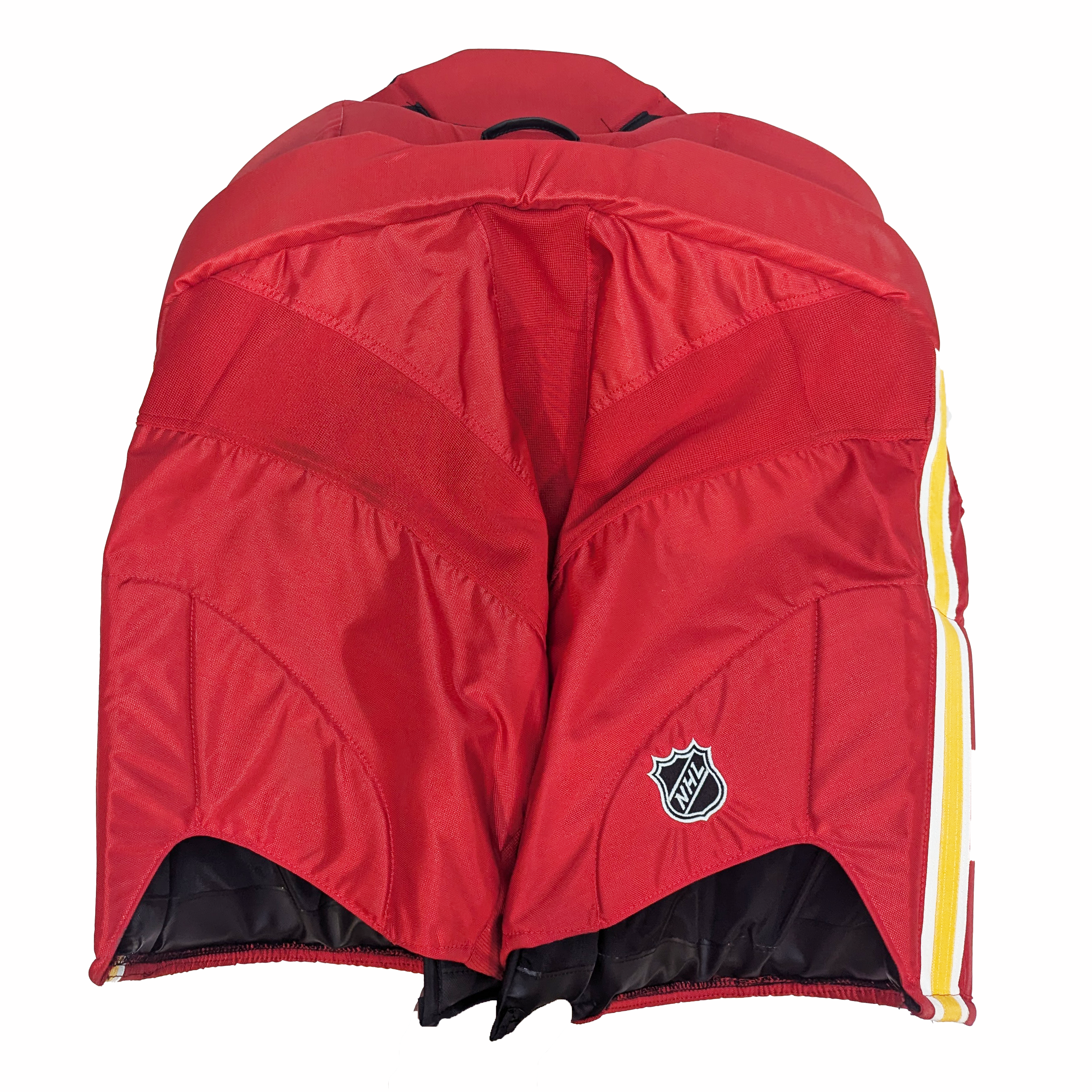 Bauer - Pantalon de gardien de but d'occasion NHL Pro Stock - Flames de Calgary (rouge/blanc/jaune)